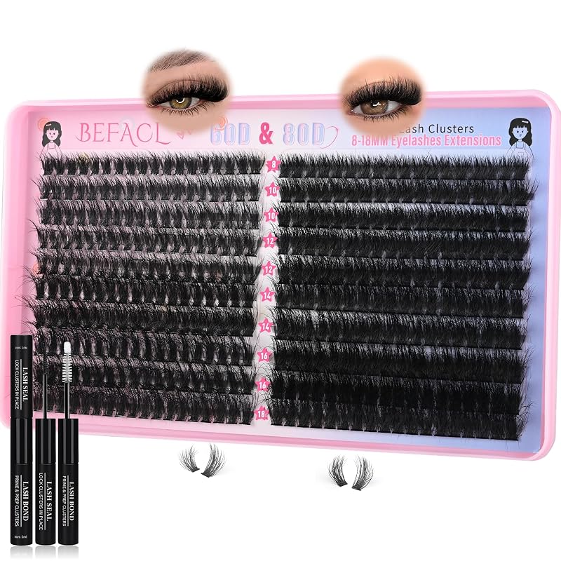 BEFACL Kit de cílios postiços em tufos 60D+80D, 8–18 mm, 360 unidades com adesivo Bond and Seal
