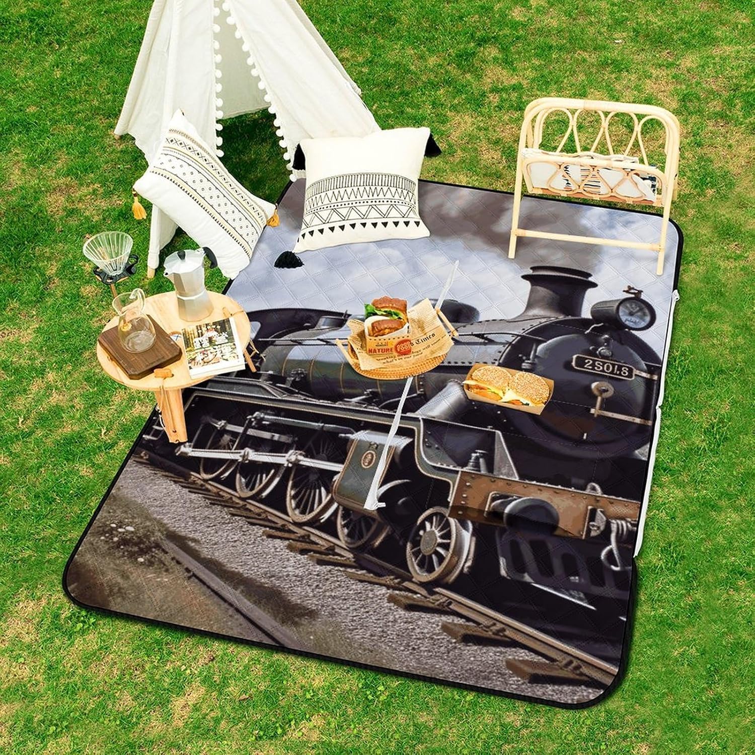 Steam Locomotive Train Picnic Blanket 150x100cm, Foldable 2-in-1 Picnic Mat and Tote Bag Portable Waterproof Beach Mat Sandproof Outdoor Blanket for Park, Hiking, Beach, Camping, Travel