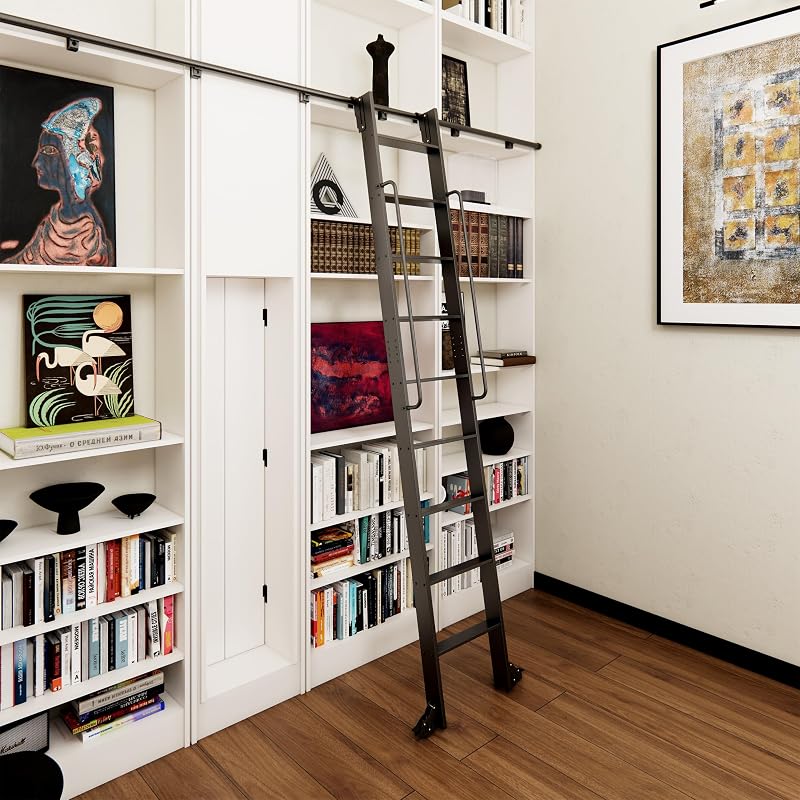 108" Telescopic Sliding Library Ladder with Handrail, 4FT Track | Lightweight Aluminum Rolling Ladder with Braking Wheels, 4FT Hook Ladder Track Kit for Home, Loft, and Bookshelves