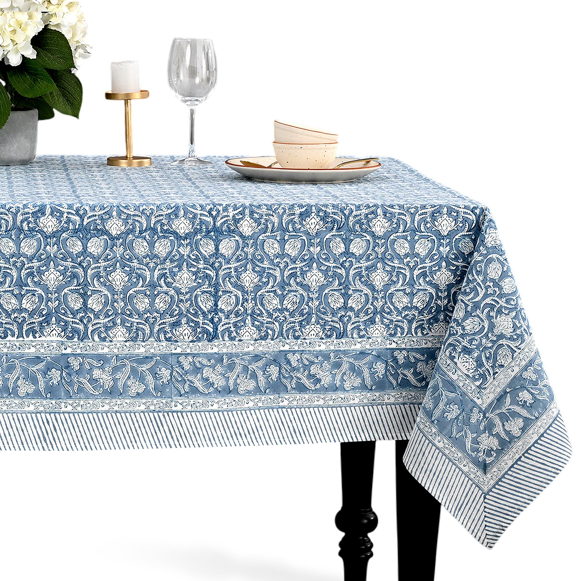CPC Azure Regal Tablecloth 100% Cotton 70x118 Inch Indian Block Print Rectangle Table Cover, Table Cloth for Gifting in Weddings, Halloween, Fall, Christmas, Thanksgiving
