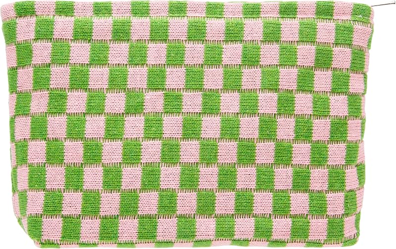 Necessaire de maquiagem PAZIMIIK xadrez rosa e verde com zíper