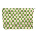 PAZIMIIK Knitted Checkered Makeup Bag Large Zipper Make Up Accessory Pouch for Purse Cosmetic Brush Bag for Travel Essential Pink Green