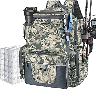 Piscifun Fishing Backpack with 2 Rod Holders & 4 Tackle Boxes, Large Tackle Storage Bag With Rain Cover for Fishing Gear