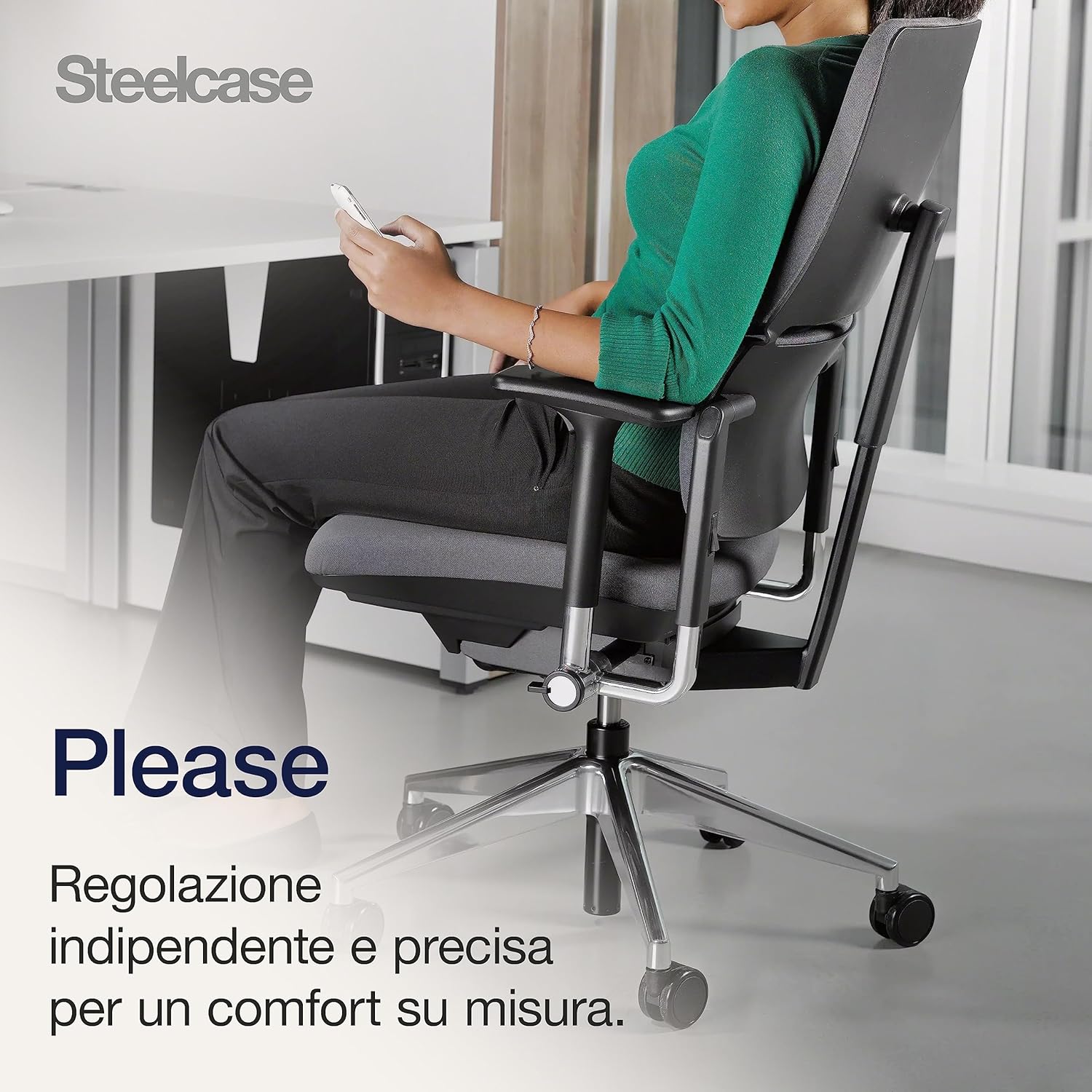 A person sitting in the Steelcase Please chair, demonstrating the chair's ergonomic adjustments and flexible backrest.