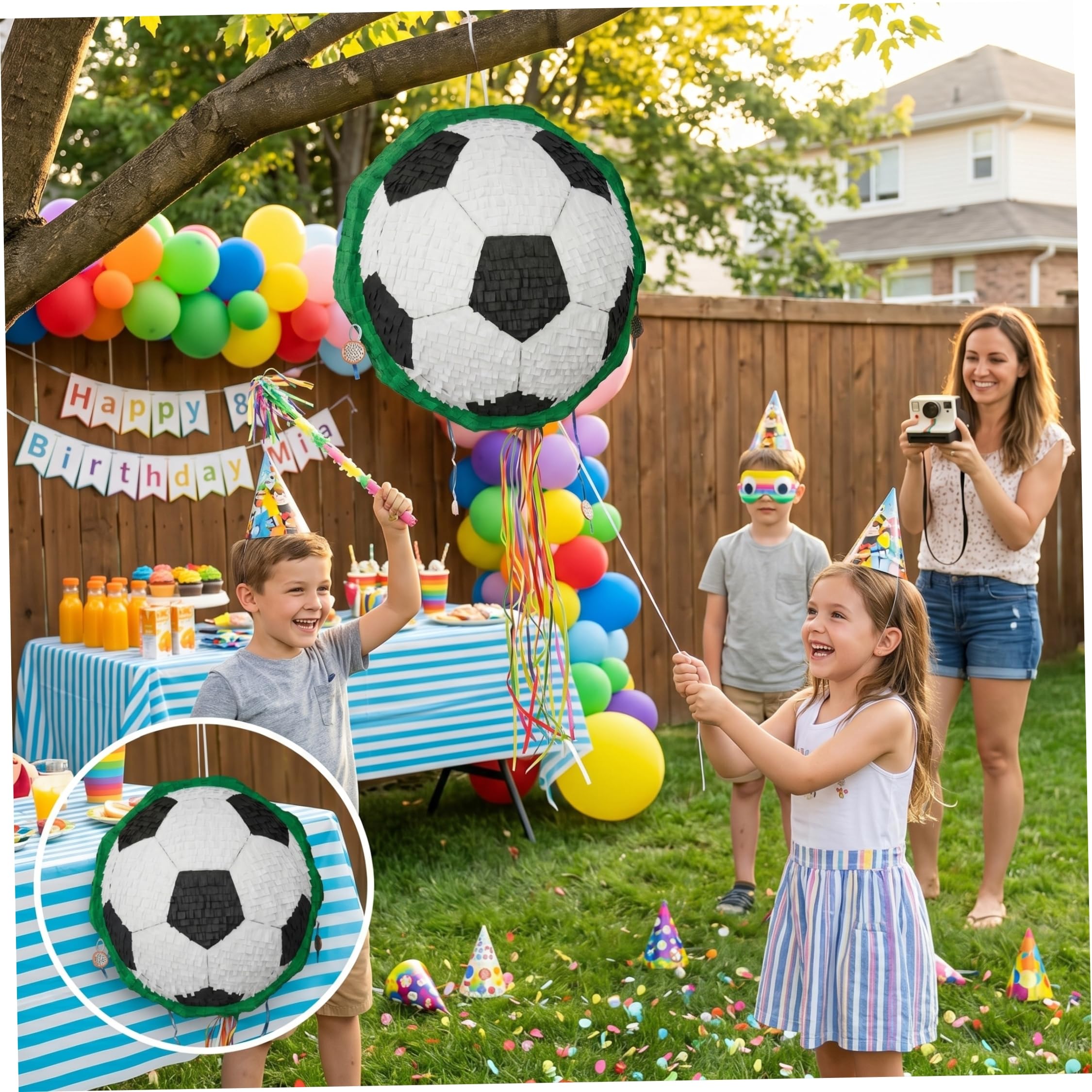 Decorazioni per feste di compleanno a tema calcio, pieghevoli, con doppia modalità di gioco, bastone, benda e coriandoli, decorazioni