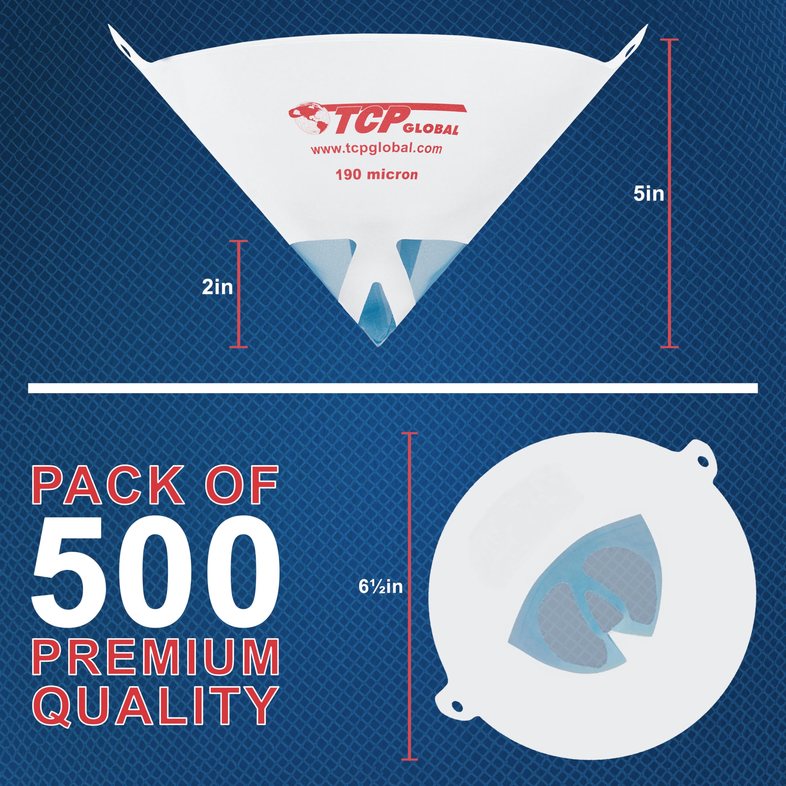 TCP Global Paquete de 500 coladores de pintura con puntas de filtro finas de 190 micras, malla de nailon azul ultra flujo "Pure Blue" de alta calidad, pantalla de filtro de pintura cónica