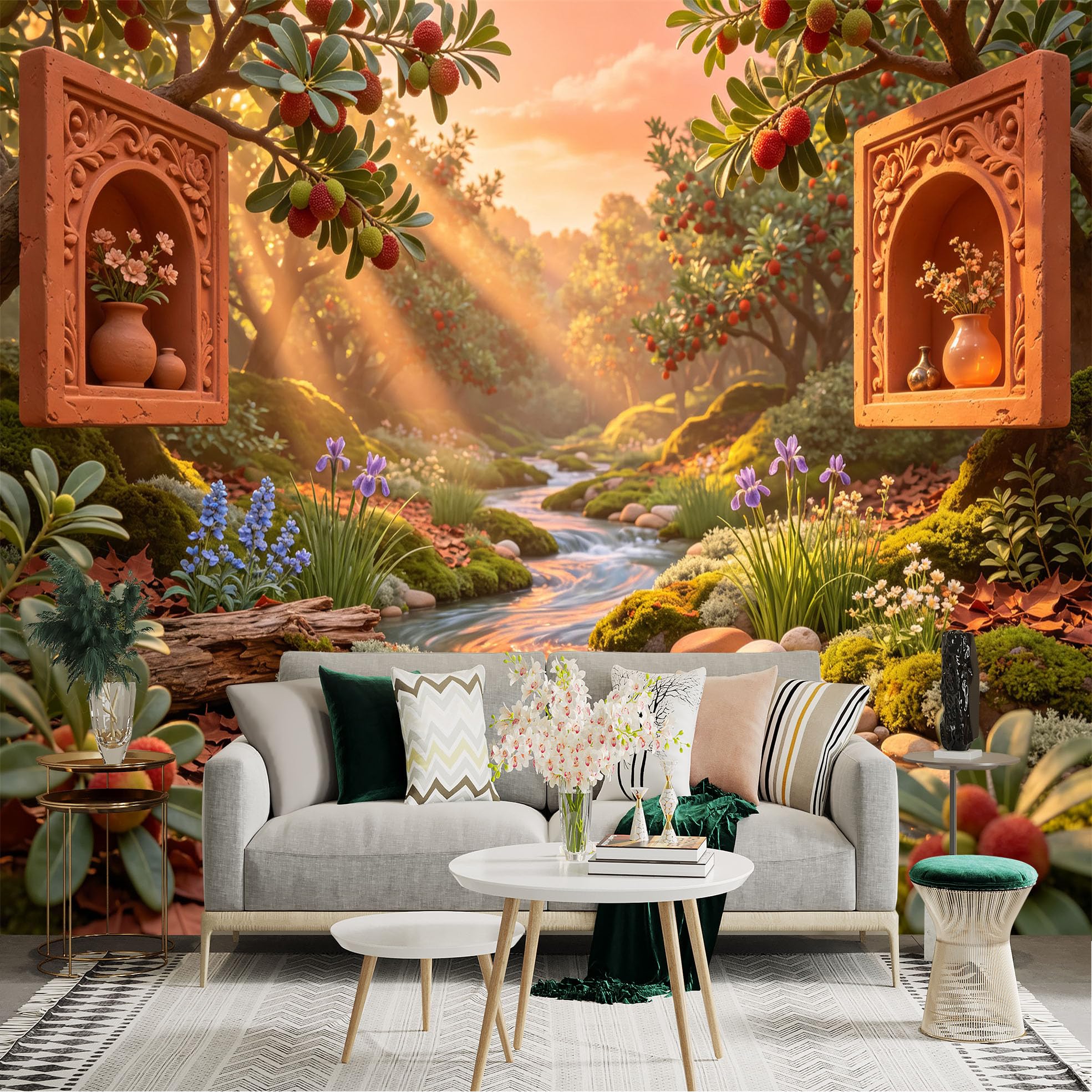 Lnzczhyre Bh260719174 Custom Size Wall Sticker Mural， Sunset Orchard Stream， Rustic Terracotta Window Frames， Wildflowers And Berries， For Wall Decoration， Peelandstick Wall Decals.