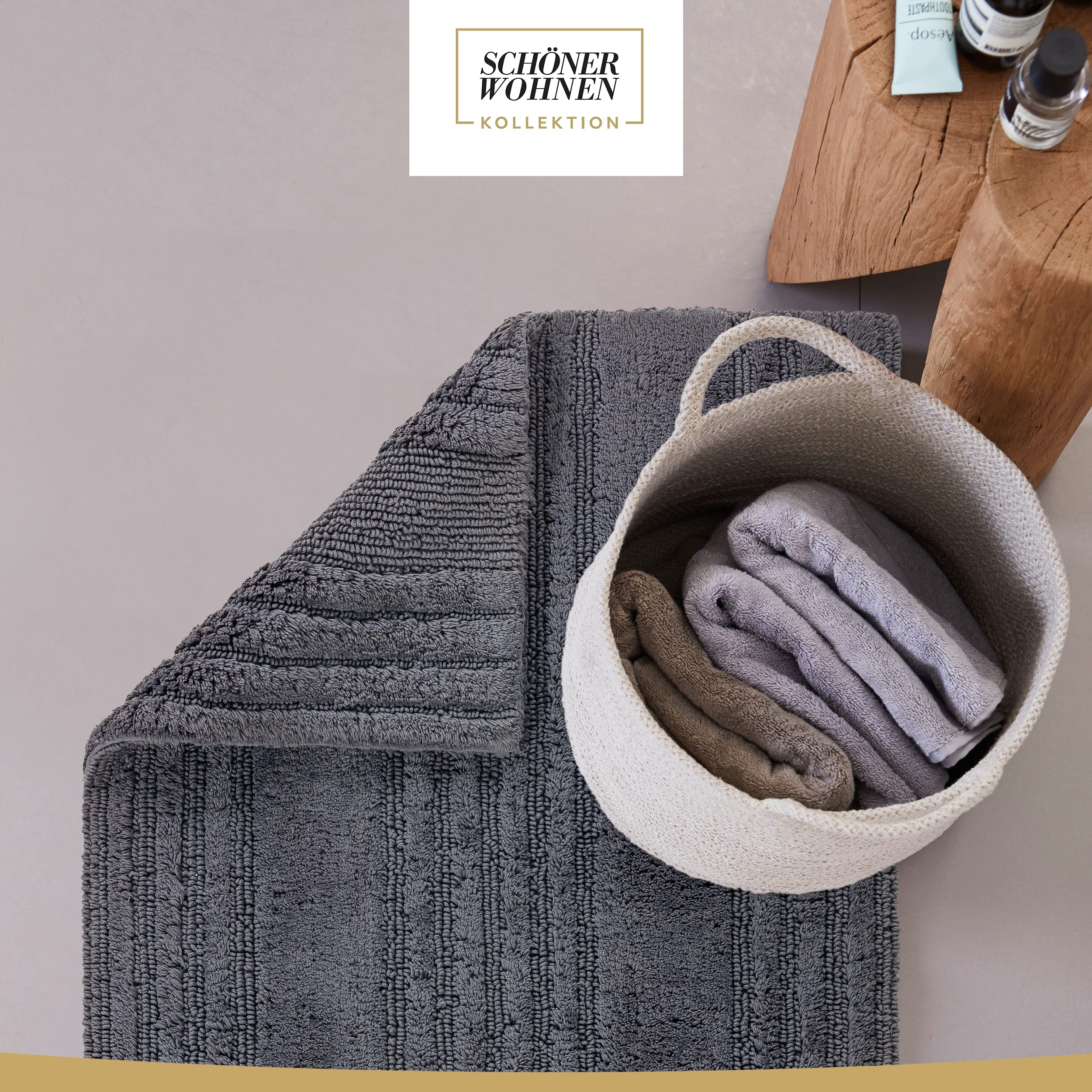Schöner Wohnen Collection Alfombra de baño 60 x 90 cm - Reversible - Alfombra de baño Lavable Antracita - Rayas - 100% algodón