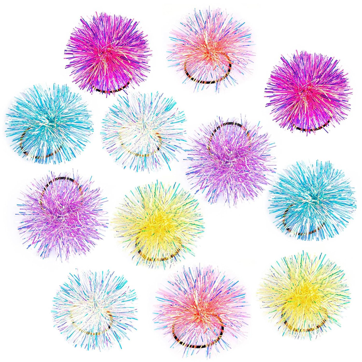 Framendino, 12 Pack Colorful Pom Hair Ties Shiny Scrunchies Tinsel Fluffy Ball Elastic Ponytail Holders for Women Accessories