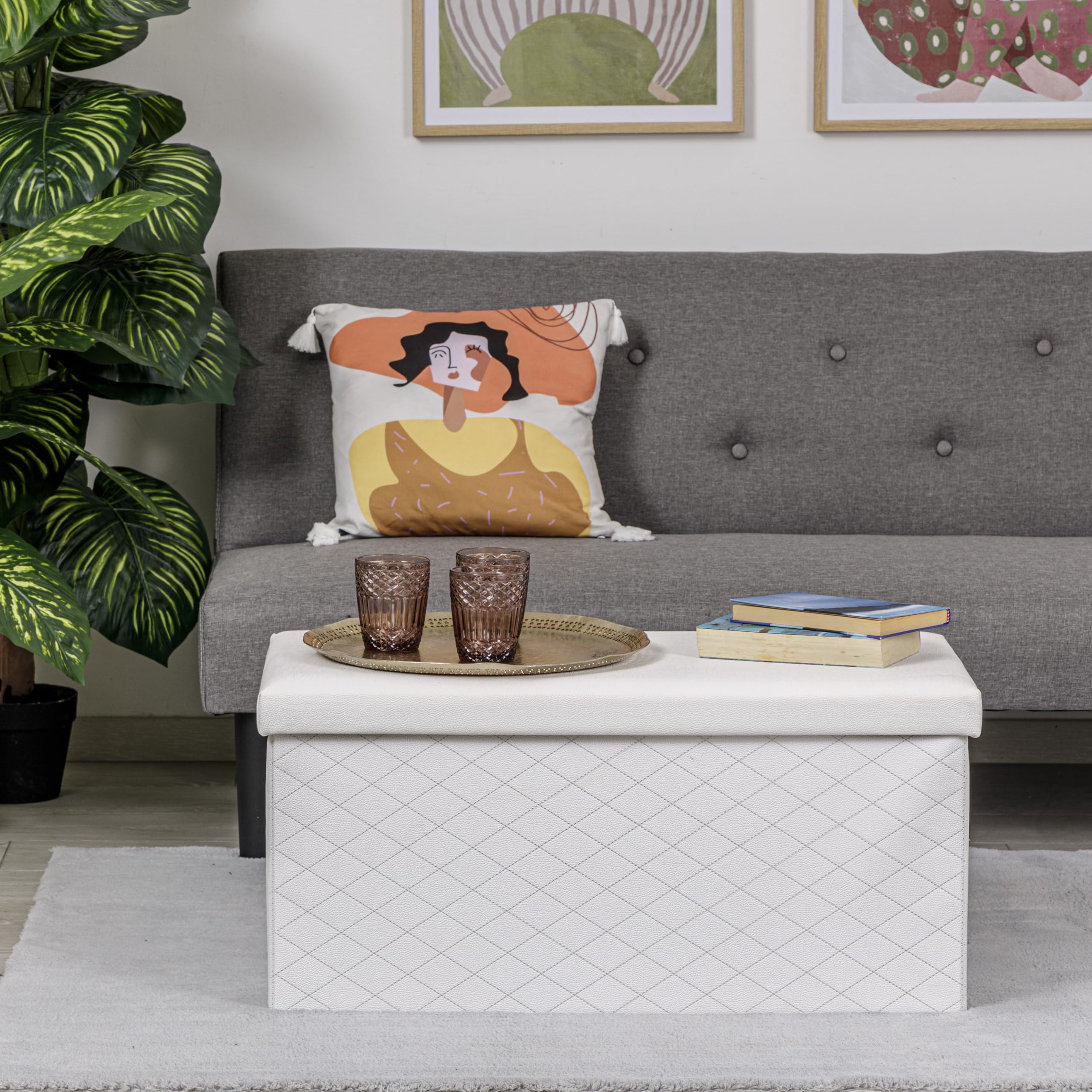 Baroni Home Baúl Plegable, Contenedor de Almacenaje, Reposapiés 76x38x38 cm, Cuero Sintético, Blanco