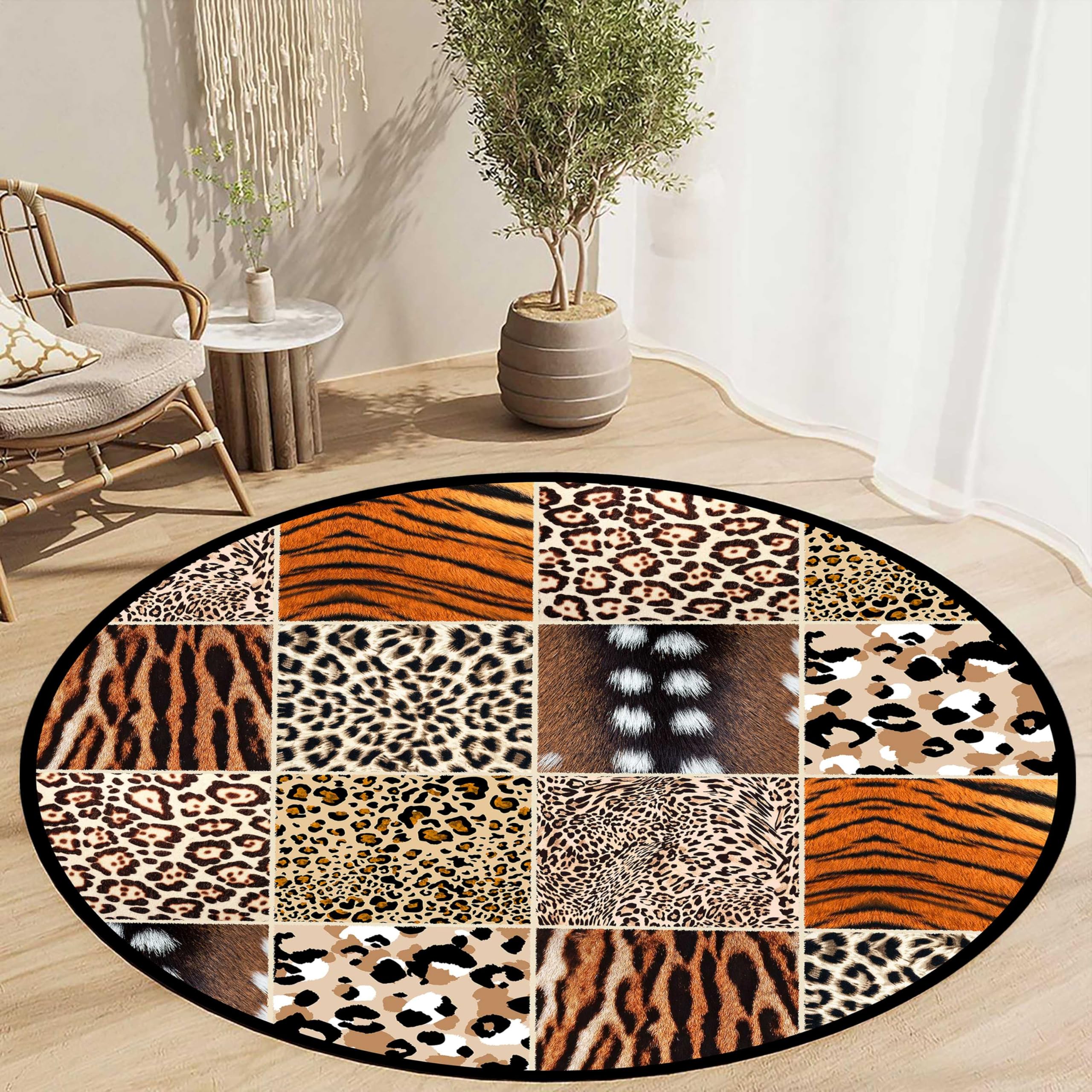 Arzunsy Brown Round Rug 60cm, Abstract Animal Print Low Pile Carpet, Machine Washable with Non-Slip Backing for Living Room, Bedroom & Home Decor
