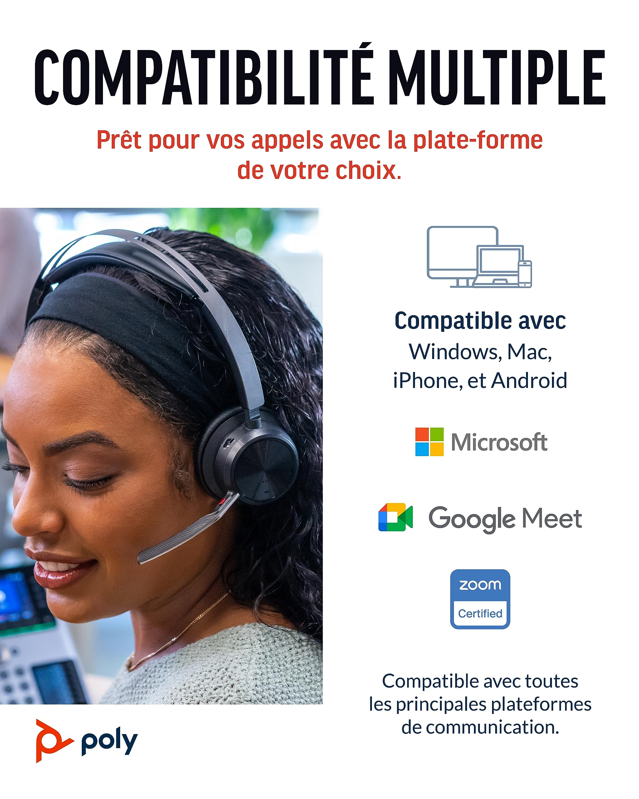 Micro-casque sans fil Poly Voyager Focus 2 UC avec microphone (Plantronics) - Annulation active du bruit (ANC) - Connexion à un PC/Mac/Téléphone portable via Bluetooth - Fonctionne avec Teams, Zoom