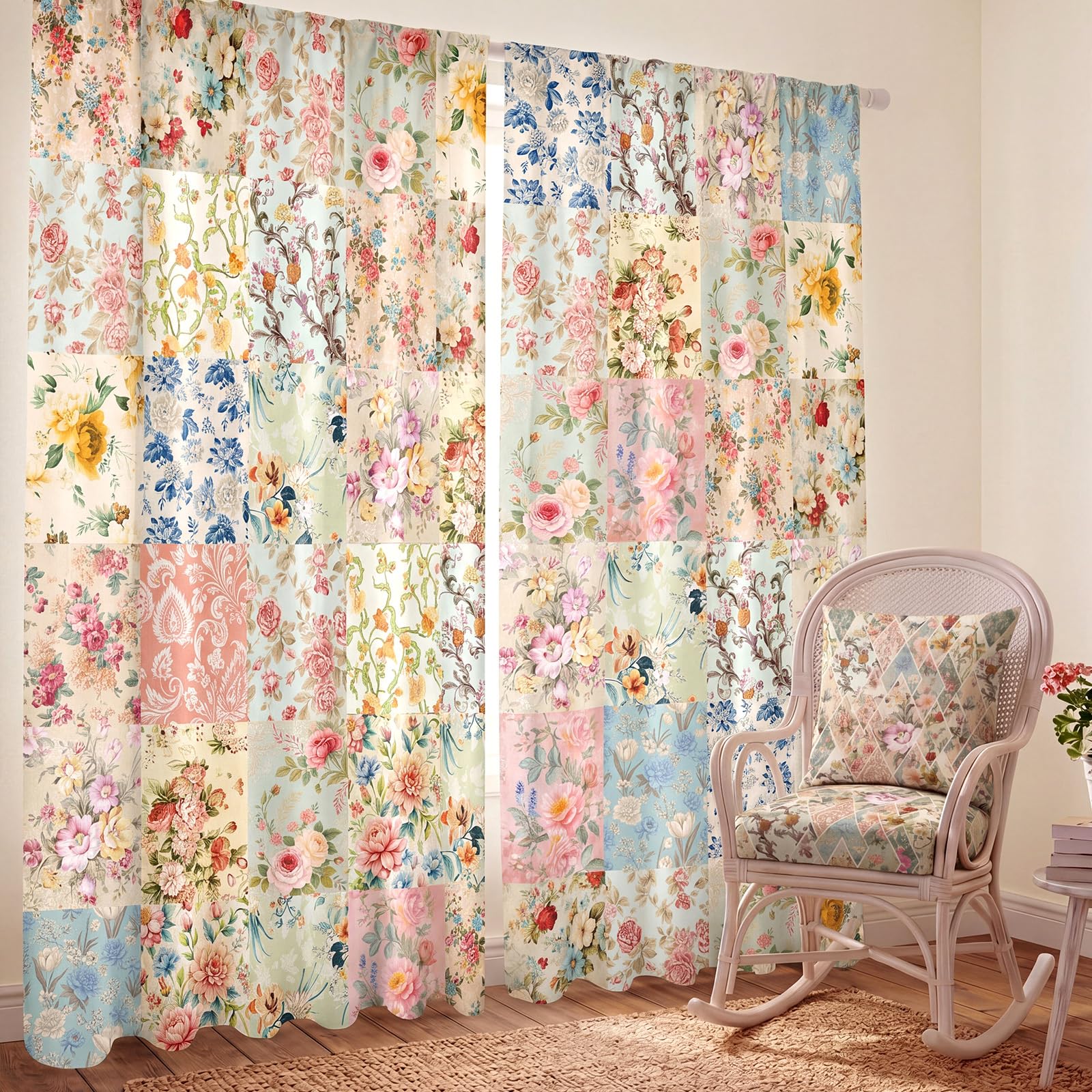 SmoothNovelty 2 Pcs Boho Patchwork Floral Curtains for Living Room Vintage