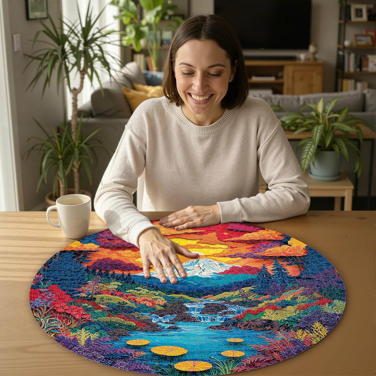 1000 Piece Round Jigsaw Puzzle for Adults - 3D Visual Sunset Forest, 26.8" Diameter – Stress Relief & Cognitive Challenge, Ideal Mindfulness Gift for Family Game Night, Artistic Wall Decor