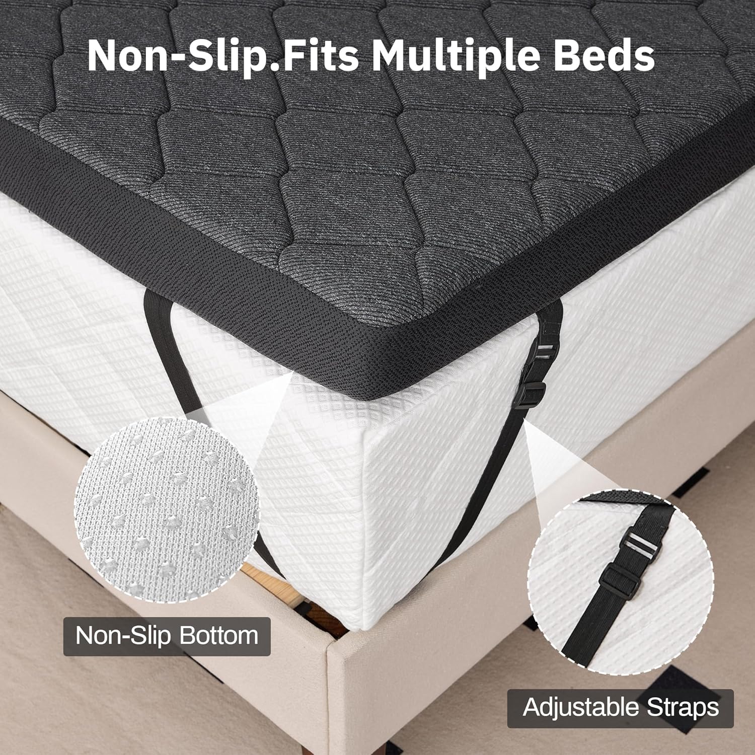 Extra Firm Mattress Topper King Size 3 Inch High-Density Bed Topper Back Pain Relief, Non-Slip Design, CertiPUR-US Certified, 80"x76", Black