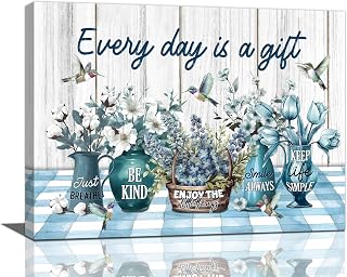 eiffecho Farmhouse Floral Bathroom Decor Wall Art Rustic Flower Every Day is A Gift Hummingbird Pictures Wall Decor Canvas Painting Prints Artwork Framed for Bedroom Kitchen Living Room 12"x16"