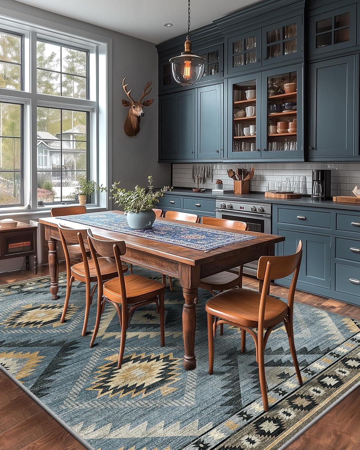 Area Rug 5x7 Rug Machine Washable Rug Non-Slip Low Pile Print Pattern Western Rug for Living Room Bedroom Entryway Tribal Series -Navy/Grey