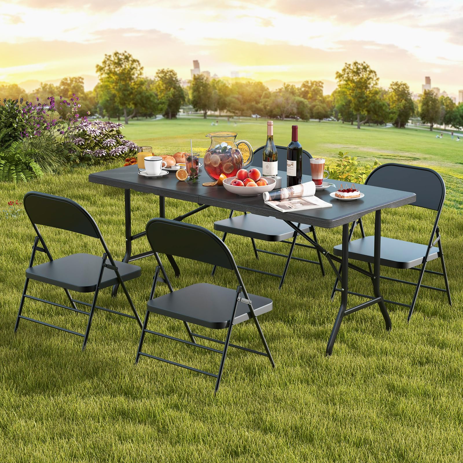 RELAX4LIFE Tavolo da Campeggio Pieghevole, Tavolino Portatile con Effetto Legno in HDPE e Struttura in Metallo, Tavolo da Picnic per Esterni, Escursioni e Barbecue, 152 x 70 x 74 cm, Nero