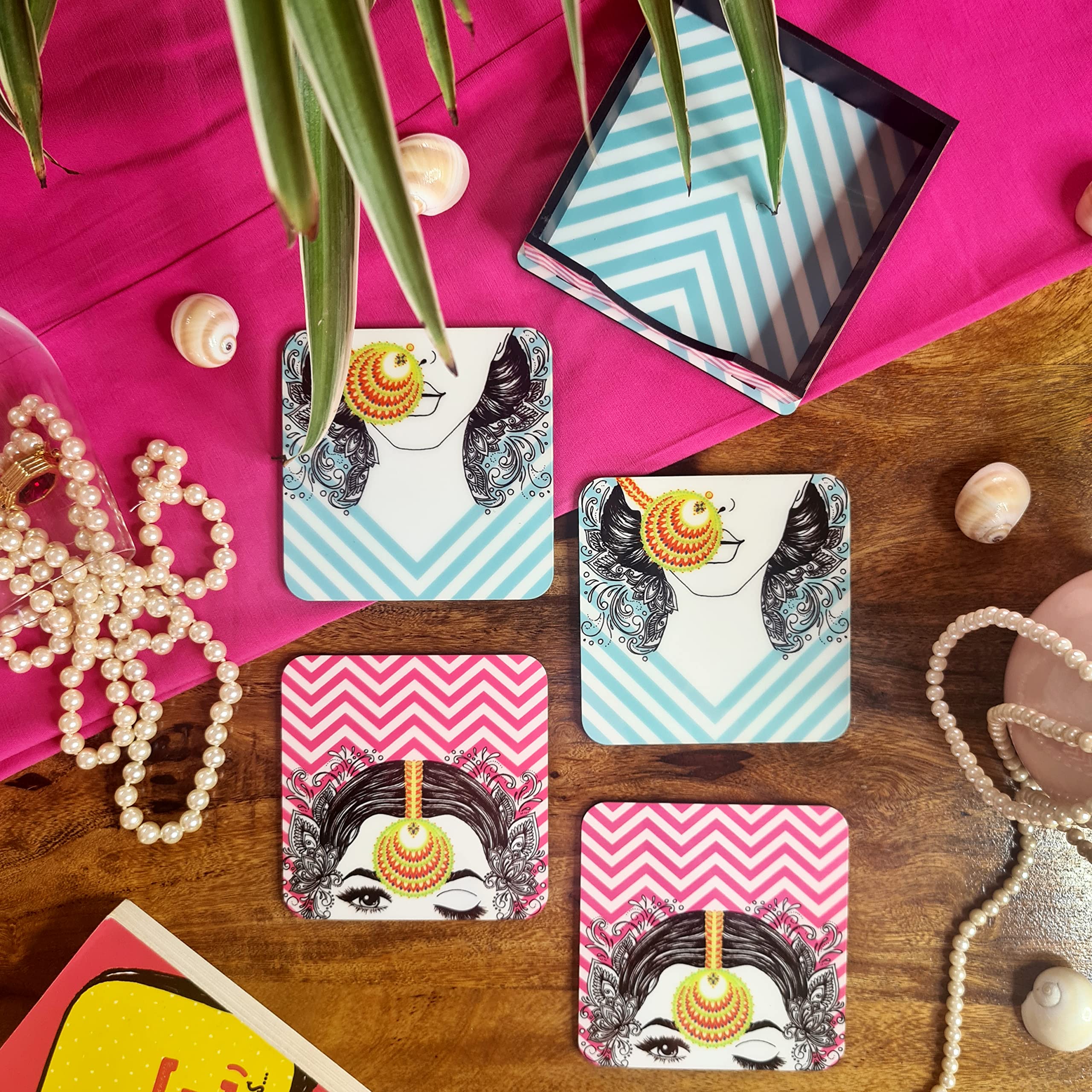 Ambiyaa Set of 4 The Indian Nari 4 Inch Coasters | Unique Handmade Designs | Square with Case| 10x10 cm