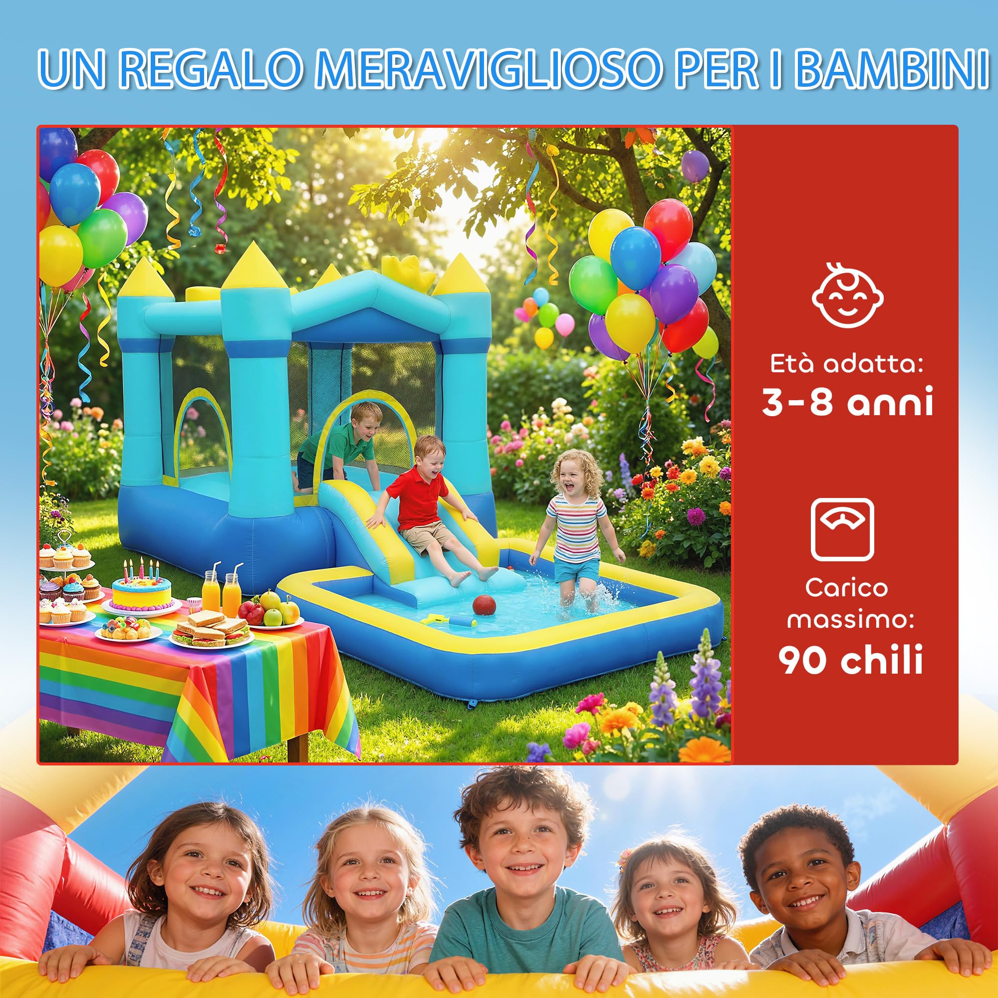 AIYAPLAY 4 in 1 Castello Gonfiabile per Bambini 3-8Anni 364x173x182cm Blu | Scivolo, Trampolino, Piscina Palline/Acqua, Canestro, Palla, Pistole ad Acqua, Soffiatore, Borsa Trasporto, Interni Esterni