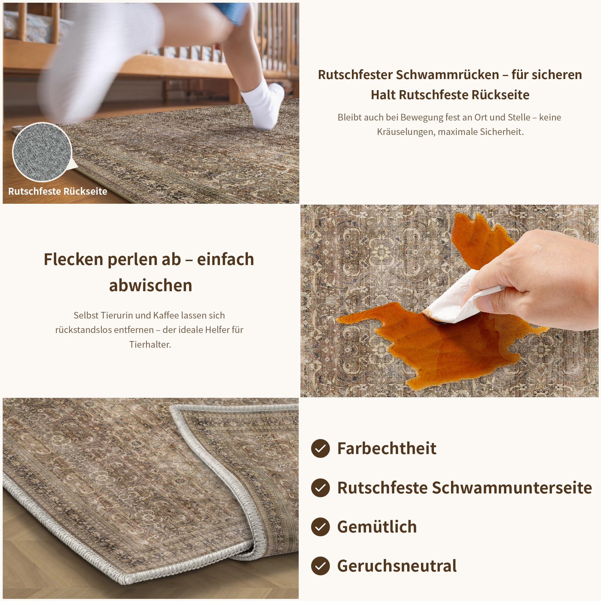 PureCozy Teppich Wohnzimmer 200x300cm Waschbarer Vintage Braun Tepich | Wohnzimmerteppich,Kurzflor Rutschfest,Weich Groß XXL Carpet,Leicht,Schlafzimmer, Esszimmer,Büro