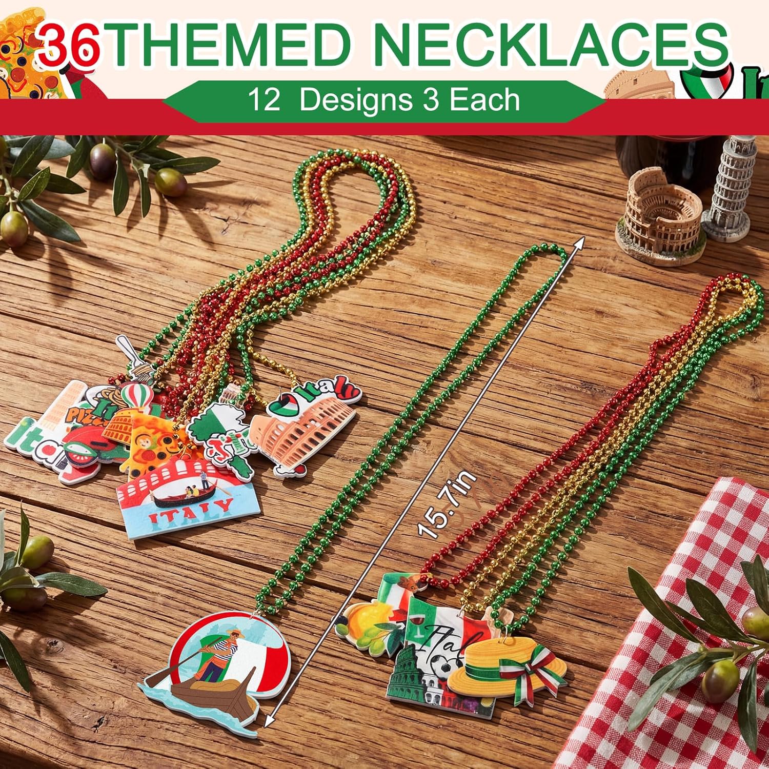 Ecally 36 Pcs Italian Themed Bead Necklaces Party Favors, Italy Gift Decorations Red White Green Beaded Necklaces with 12 Designs, Italian Festival Night Dinner Birthday Party Supplies for Adults