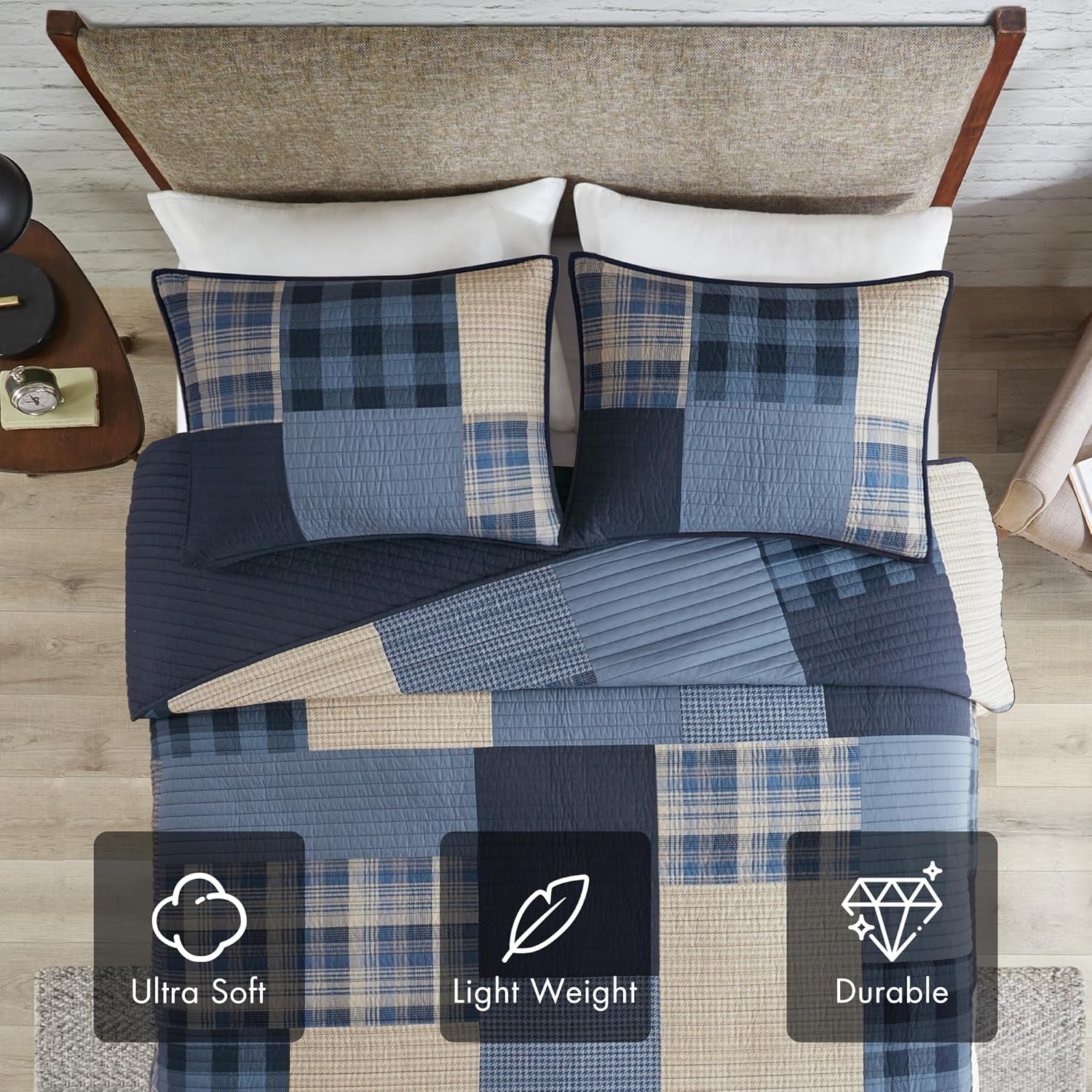 Woolrich Quilt Set Patchwork Channel Quilting, Cottage Coverlet for Twin Size Bed All Seasons, Lightweight Prewashed Cotton Coverlet Bedspread, Shams, Winter Hills, Oversized Full/Queen Blue 3 Piece