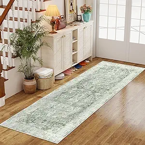 Madane Washable Runner Rug - 2x6 Rug Runners for Hallways 6 Foot Non Slip Vintage Kitchen Runner Rug Ultra-Thin Bathroom Runner Rugs Carpet Laundry Room Bedroom (2x6ft, Green/Ivory)