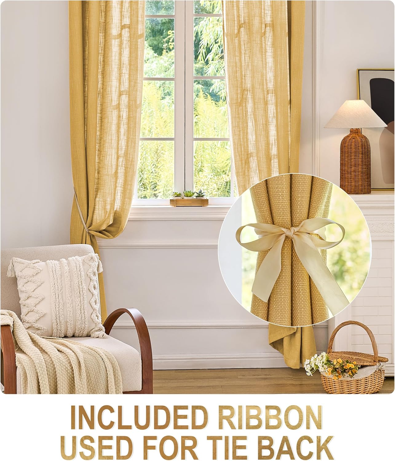 Mustard Yellow Linen Window Curtain Panels with Grommets 52 inches Width 108 inches Length Set of 2, DIY Home Decor Drapes for Multiple Rooms