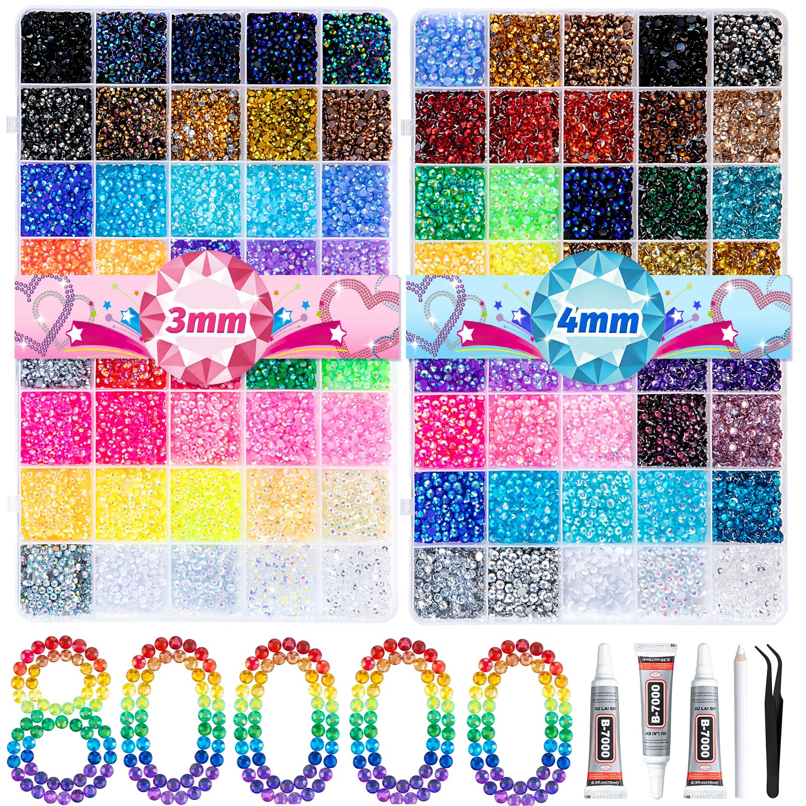 80000Pcs Bedazzling Kit 3mm & 4mm Rhinestones with 80 Colors