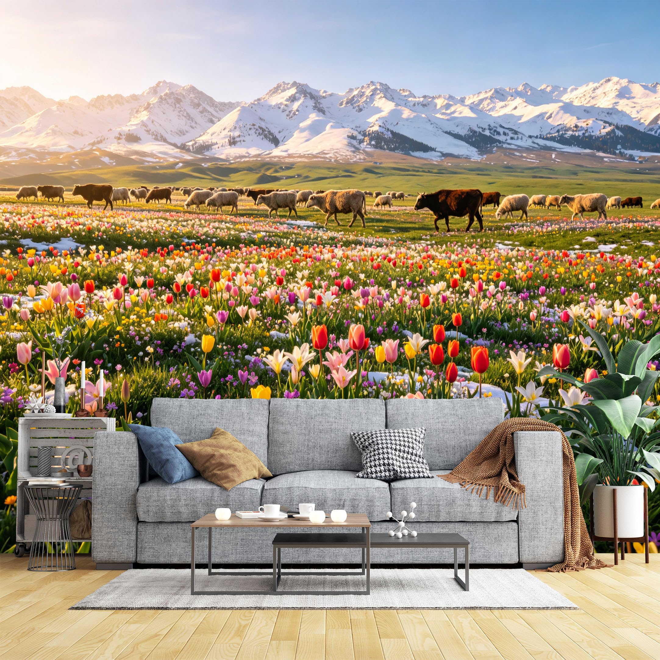 Lcythiazole Ch260604080 Custom Size Wall Murals Alpine Tulip Meadow With Cattle Realistic Self-Adhesive Wall Fabric (No Pvc) Removable Wallpaper For Living Room Bedroom