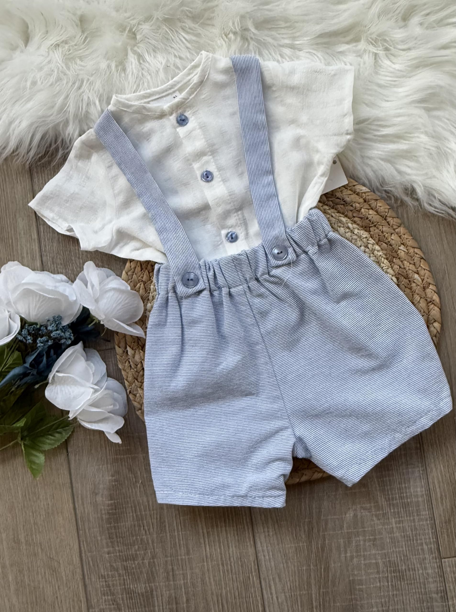 Creaciones Baby-Ferr Baby Boys Romper Set with Suspender Shorts, White and Blue Striped, Casual - Made in Spain (Blue, 6M)