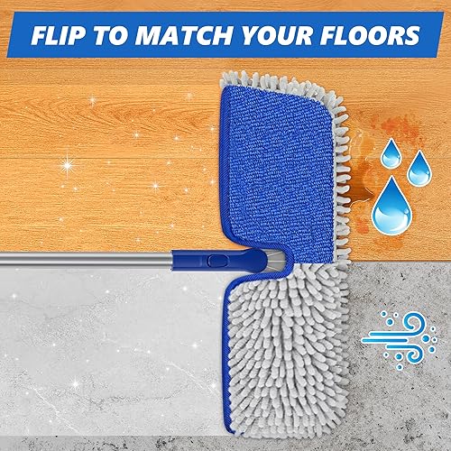 Miniatura 2 de Trapeador plano de microfibra de 2 caras fregona seca con mango largo, almohadillas lavables para limpieza de pisos y paredes de azulejos de madera