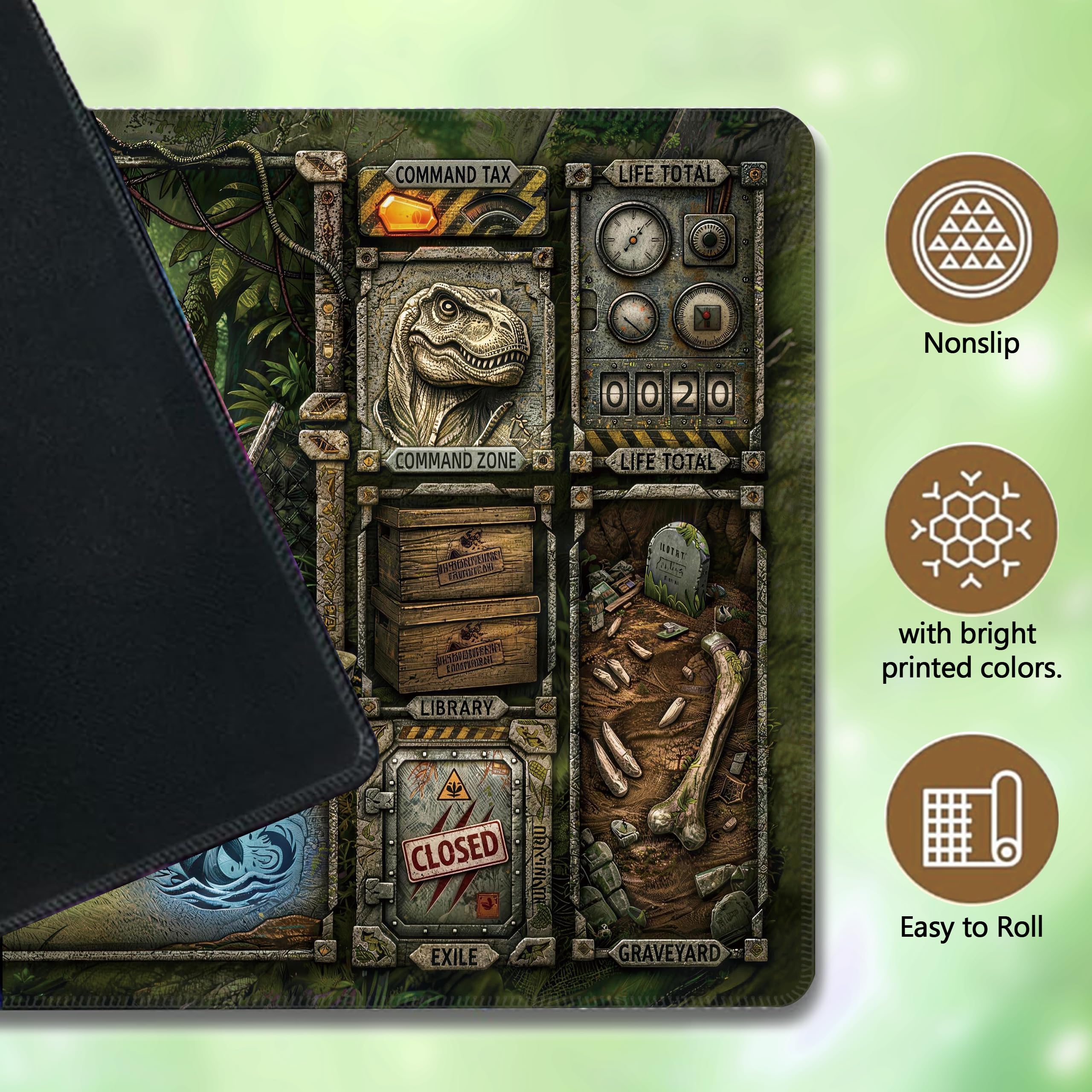 61 x 35,6 cm MTG-Spielmatte mit Aufbewahrungsröhre und 16-teiligem Würfelset – rutschfeste Gummi-TCG-Kartenspielmatte, genähte Kanten, Tischspielmatte (Raptor Jungle, REX-Serie)