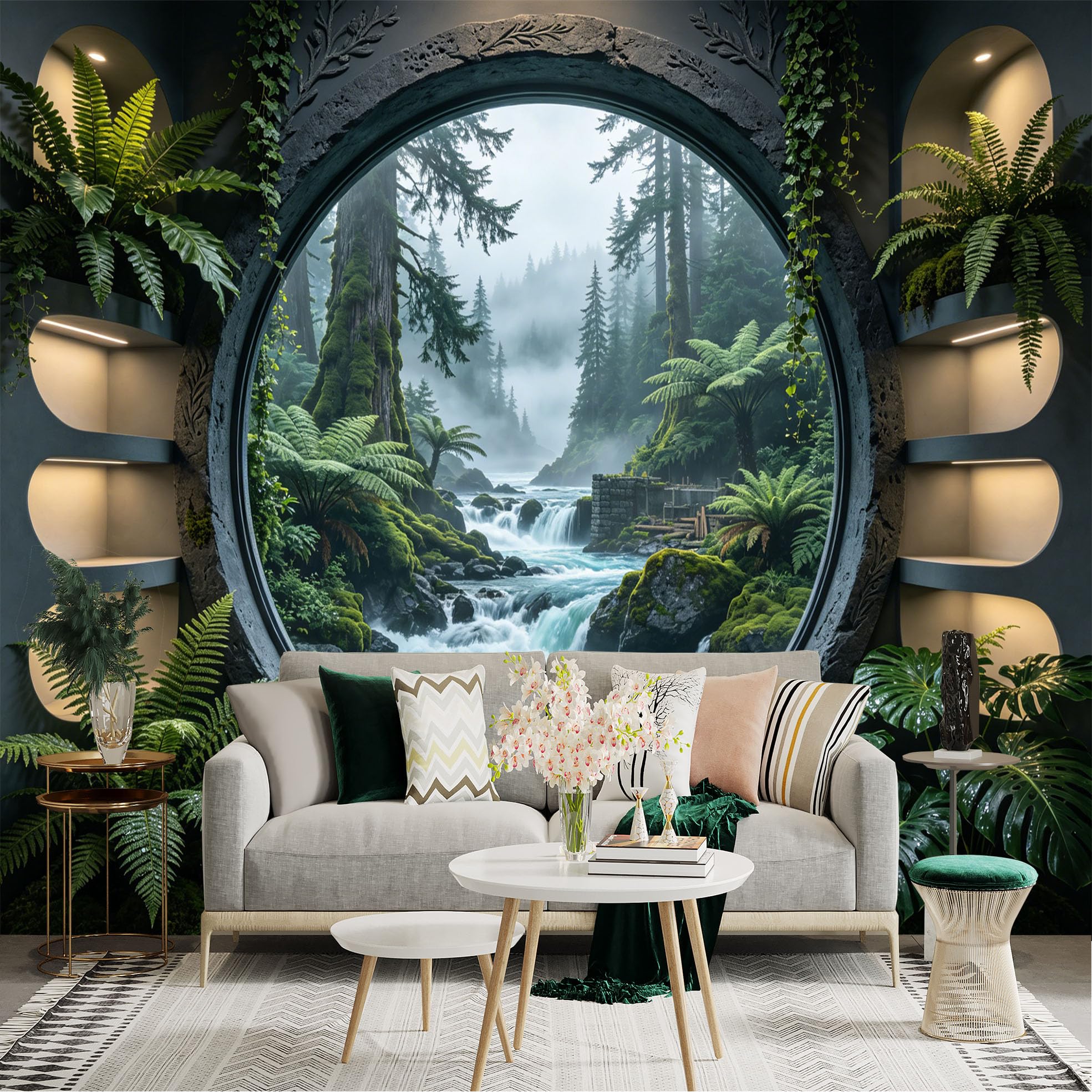 Custom Size Wall Sticker Mural， Scenic Forest Waterfall with Misty Mountains and Lush Green Plants， for wall Decoration， peelandstick wall Decals.