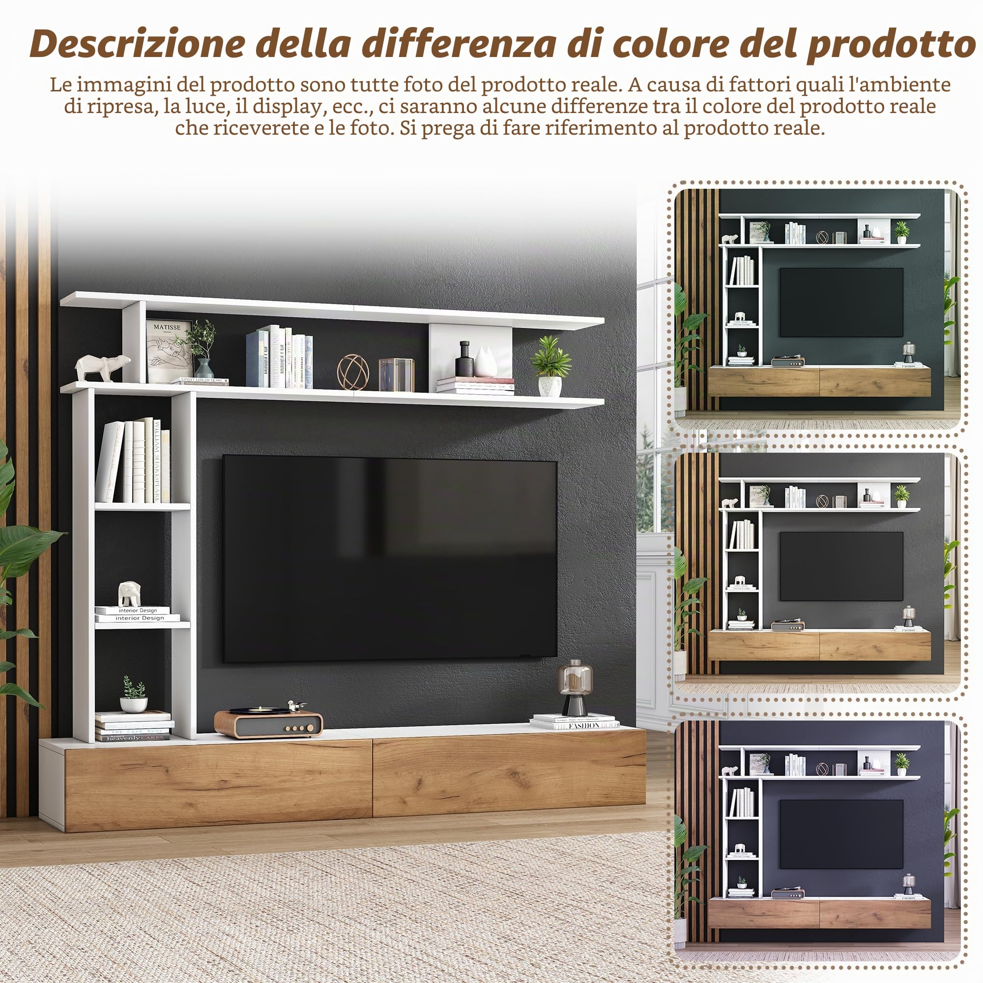Set da parete per TV, 180 x 35 x 22,5 cm, con vetrina, supporto e mensola, TV fino a 80", bianco + legno