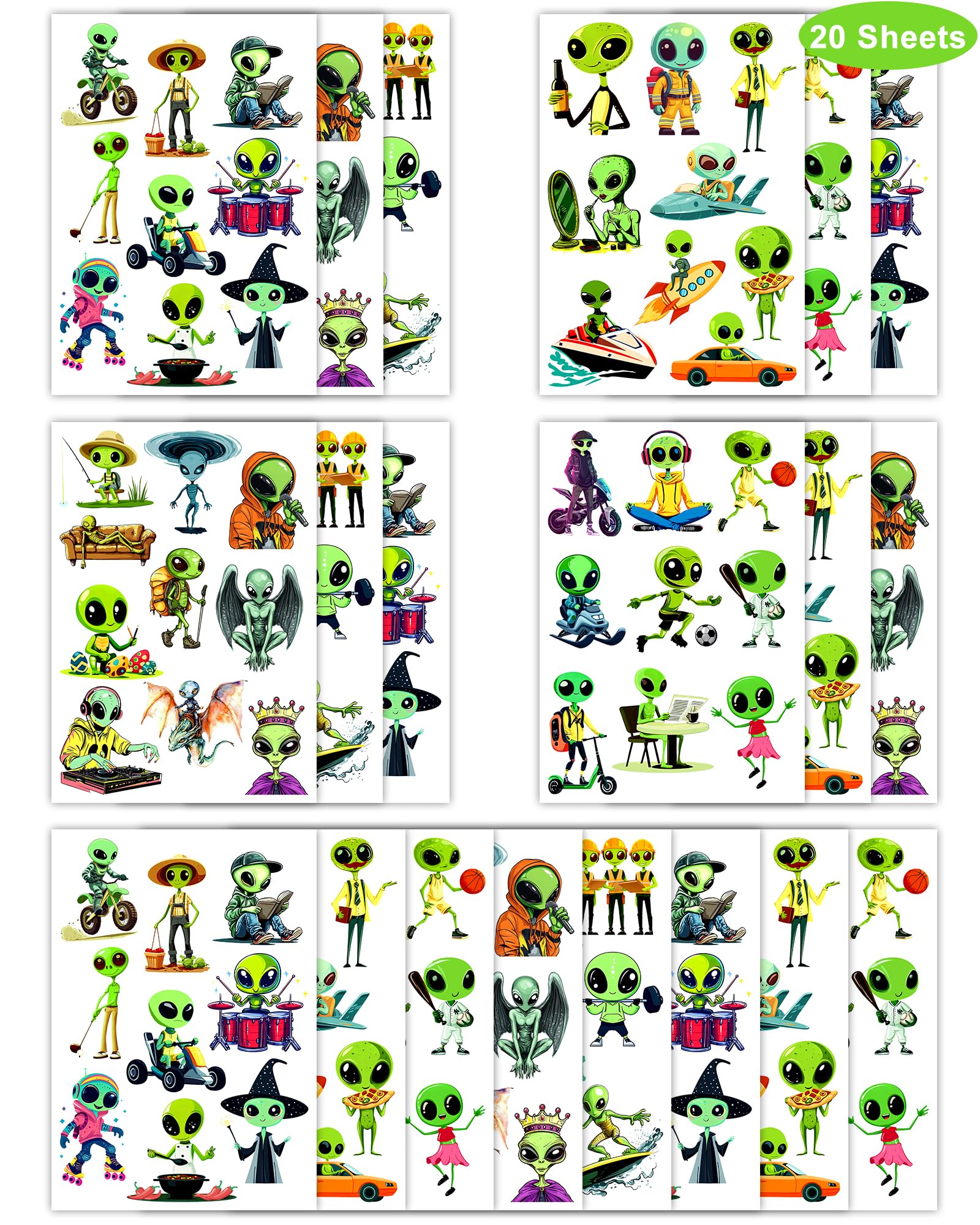 YanZonic 184Pcs Alien Temporary Tattoos - Green Alien Decor Stickers Party Favors Tattoos for Alien Party Decorations, UFO Space Theme Birthday Party Decorations