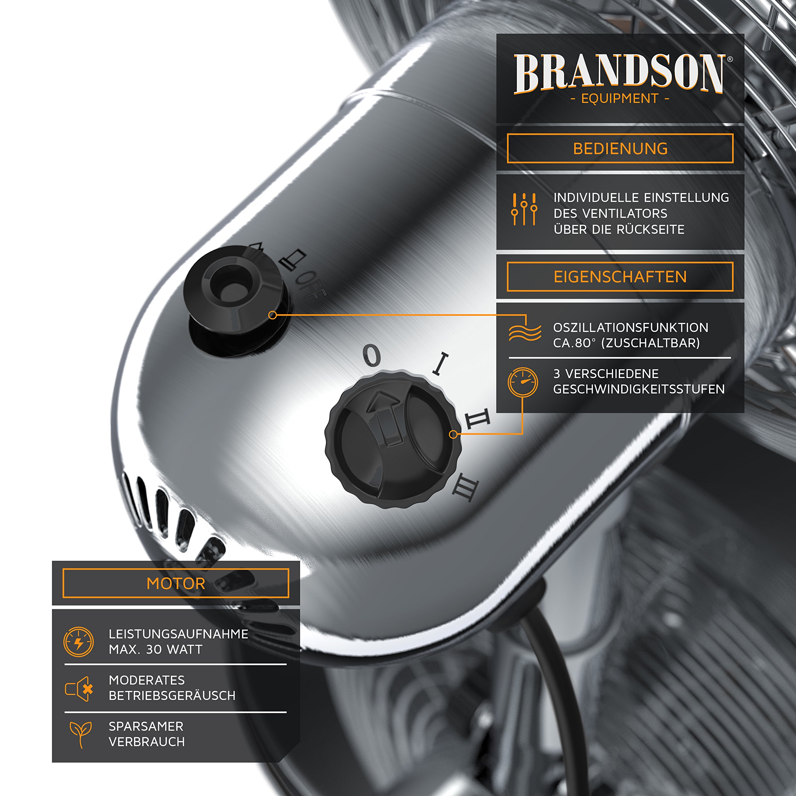 Brandson - Tischventilator Design Retro - Ventilator mit 3 Geschwindigkeitsstufen - mobiler Lüfter - Oszillation 80°, Neigungswinkel ca. 40° - robustes Voll-Metallgehäuse - Silverline