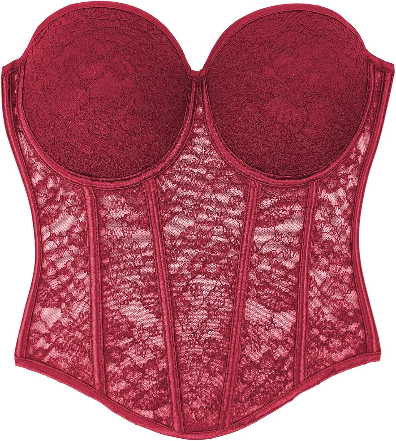 ELLACCI Women's Sheer Lace Corset Top with Padded Cups and Boning Support Gothic Corset Bra Tops Burgundy - Image 4