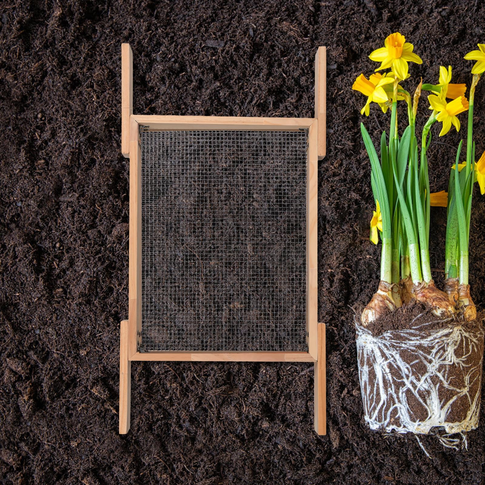 Hemobllo Setaccio per Terreno in Legno con Manico Smontabile 44x34 Cm, Filtro a Maglie Fini per Giardinaggio, Setaccio da Giardino per Compost, Sabbia e Rocce, Attrezzo Portatile per Cura