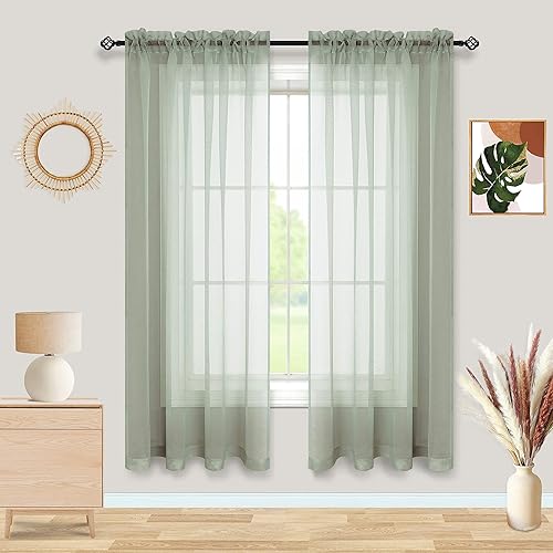 Cortinas traslúcidas color verde salvia de 63 pulgadas de largo para dormitorio, juego de 2 paneles de cortinas ligeras y suaves con bolsillo para