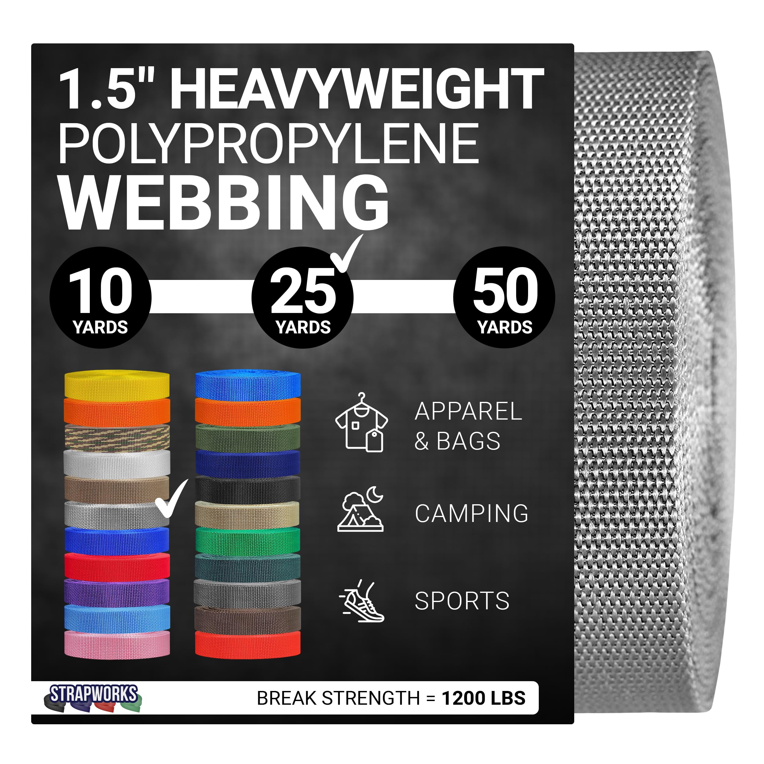 Strapworks Heavyweight Polypropylene Webbing - Heavy Duty Poly Strapping for Outdoor DIY Gear Repair, 1.5 Inches