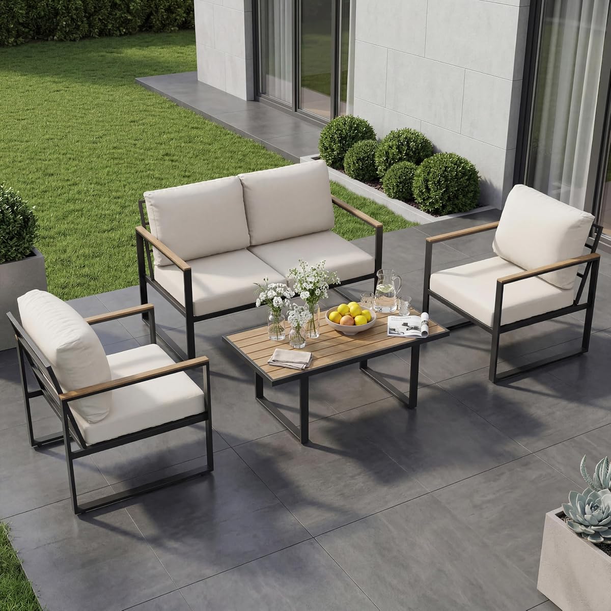 4-Piece Aluminum Outdoor Sectional Sofa Set with Coffee Table, Patio Furniture Conversation Set for Porch, Poolside & Deck, Washable Thick Cushions (Beige)
