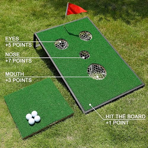 Miniatura 8 de OOFIT Juego de Cornhole de golf combinado con juego de pong, tablas de juego de astillado con alfombrillas de astillado y pelotas de golf para