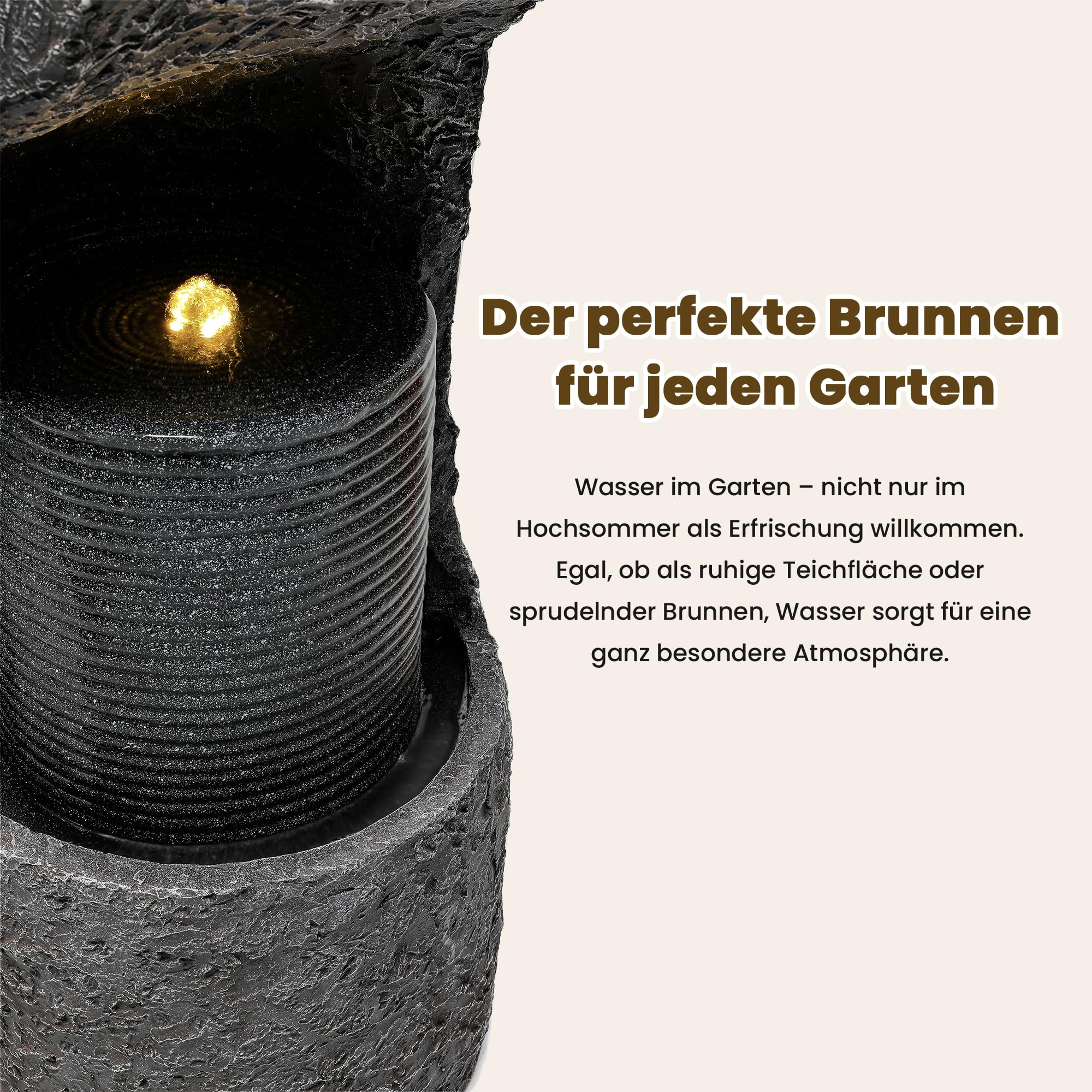 Fontaine de jardin avec éclairage LED, env. 34,5 x 34,5 x 100,5 cm, fontaine de jardin avec revêtement extérieur en pierre artificielle, fontaine d’intérieur, jeu d’eau pour jardin et terrasse