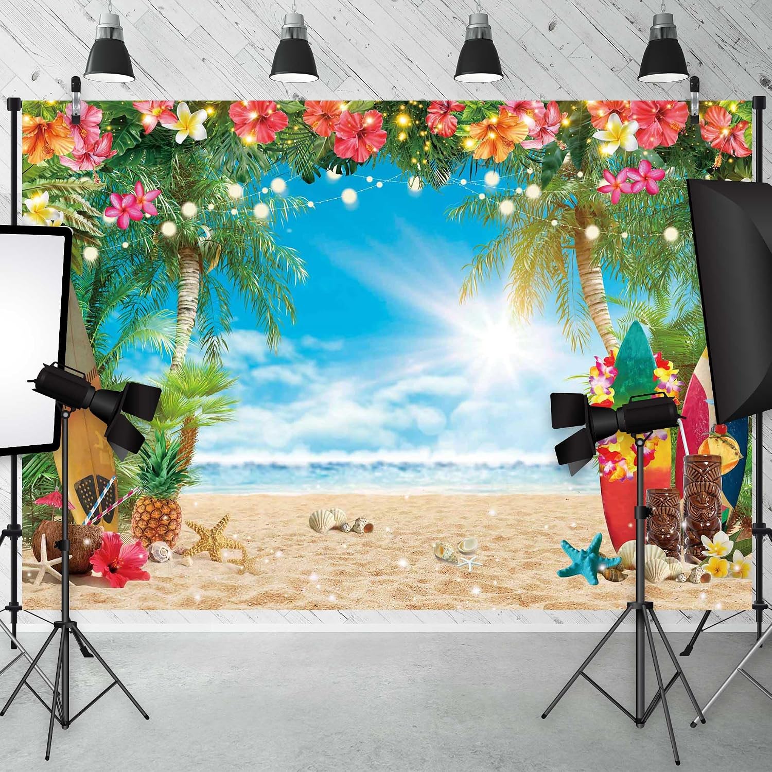 10x8FT Polyester Fabric Summer Beach Hawaiian Backdrop Seaside Tropical Flower Palm Leaves Surfboard Photography Background for Luau Aloha Party Decoration Banner Picture Photo Booth