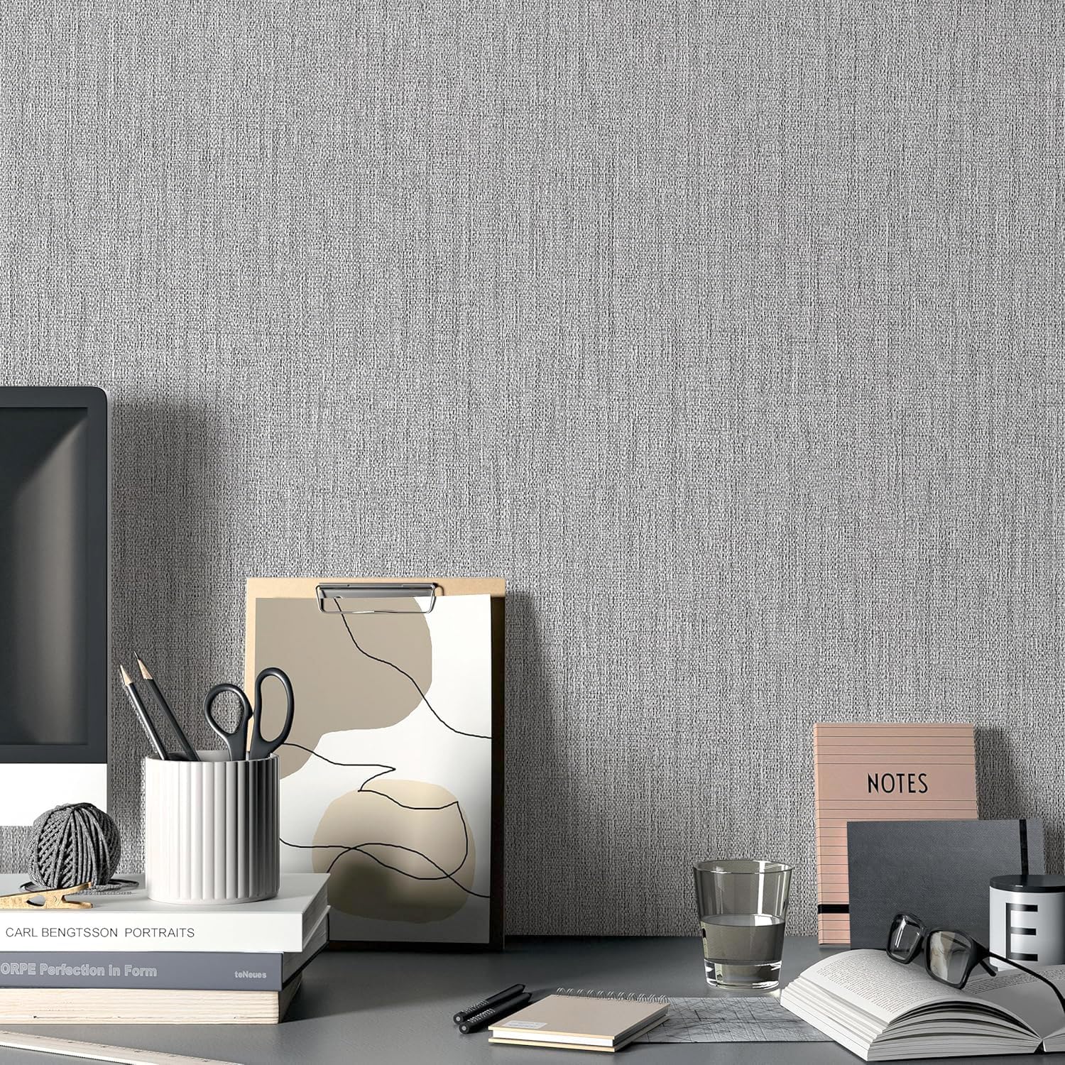 Livebor Grey Grasscloth Peel and Stick Wallpaper Textured Contact Paper 15.7inch x 118.1inch Faux Linen Wallpaper Grey Fabric Wall Paper Self Adhesive Removable for Cabinets Bedroom Decor Vinyl