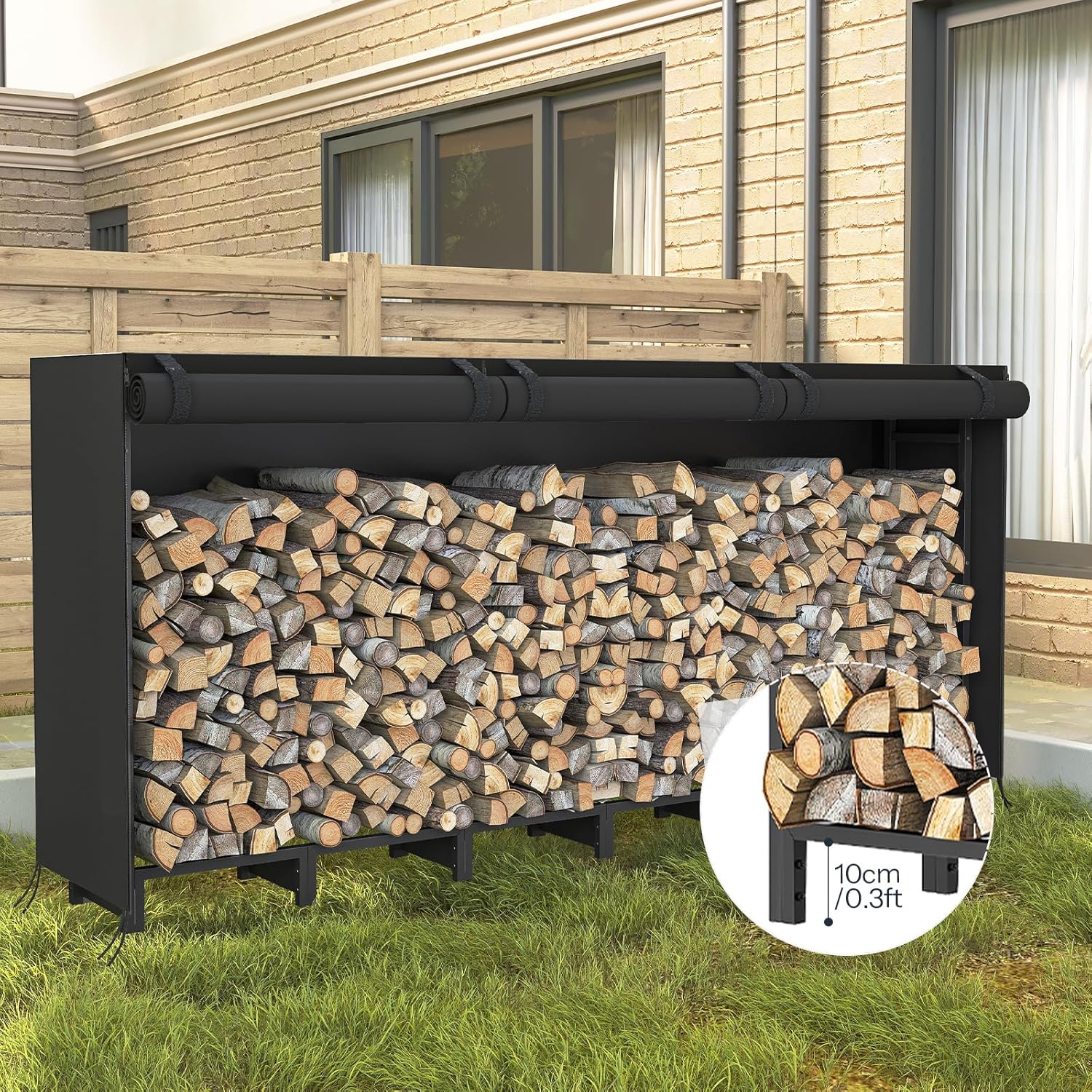 HOOBRO 8FT Firewood Rack with Cover, Outdoor Firewood Log Rack, Adjustable Log Holder with Waterproof Cover, Fireplace Wood Storage, Heavy Duty Wood Holder, for Indoor and Outdoor, Black BB02CH02
