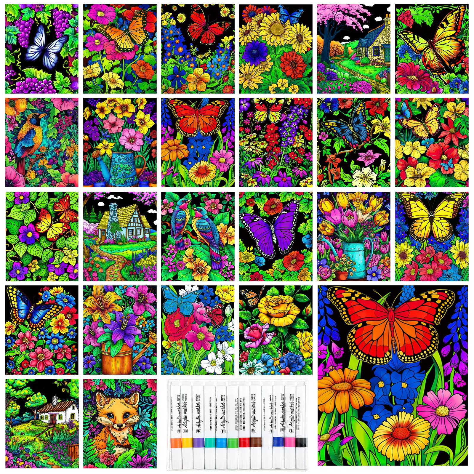 Zhanmai Pack of 48 Velvet Coloring Posters and Watercolor Pens Spring Butterflies Flowers Birds Wedding Fuzzy Velvet Large Coloring Posters for Adults Teenagers for Classroom Crafts Activity