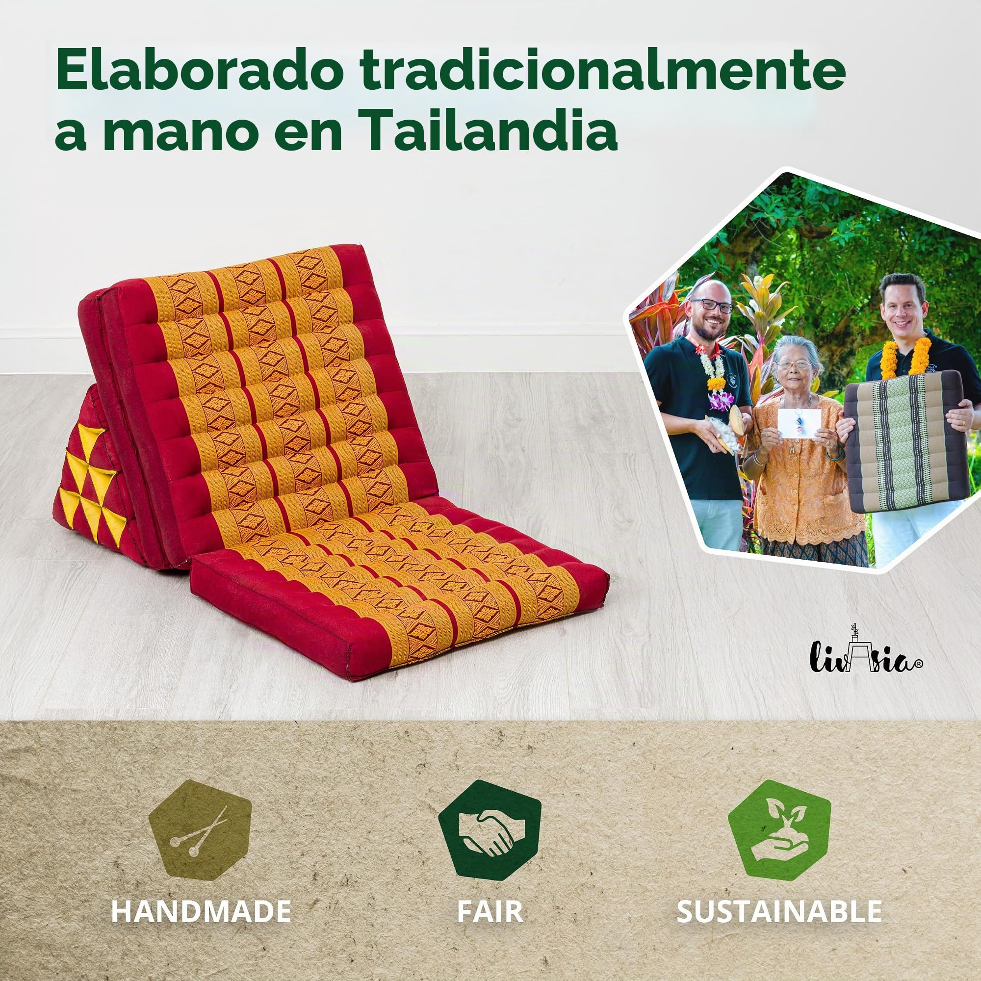 livasia cojín tailandés con 3 Inferiores - 175x50x8cm - Cojín Triangular y colchón Plegable, Almohada,kapok, Cojín Espalda, Esterilla Thai Plegable, Hecho a Mano, Cojín meditación (Rojo/Amarillo)